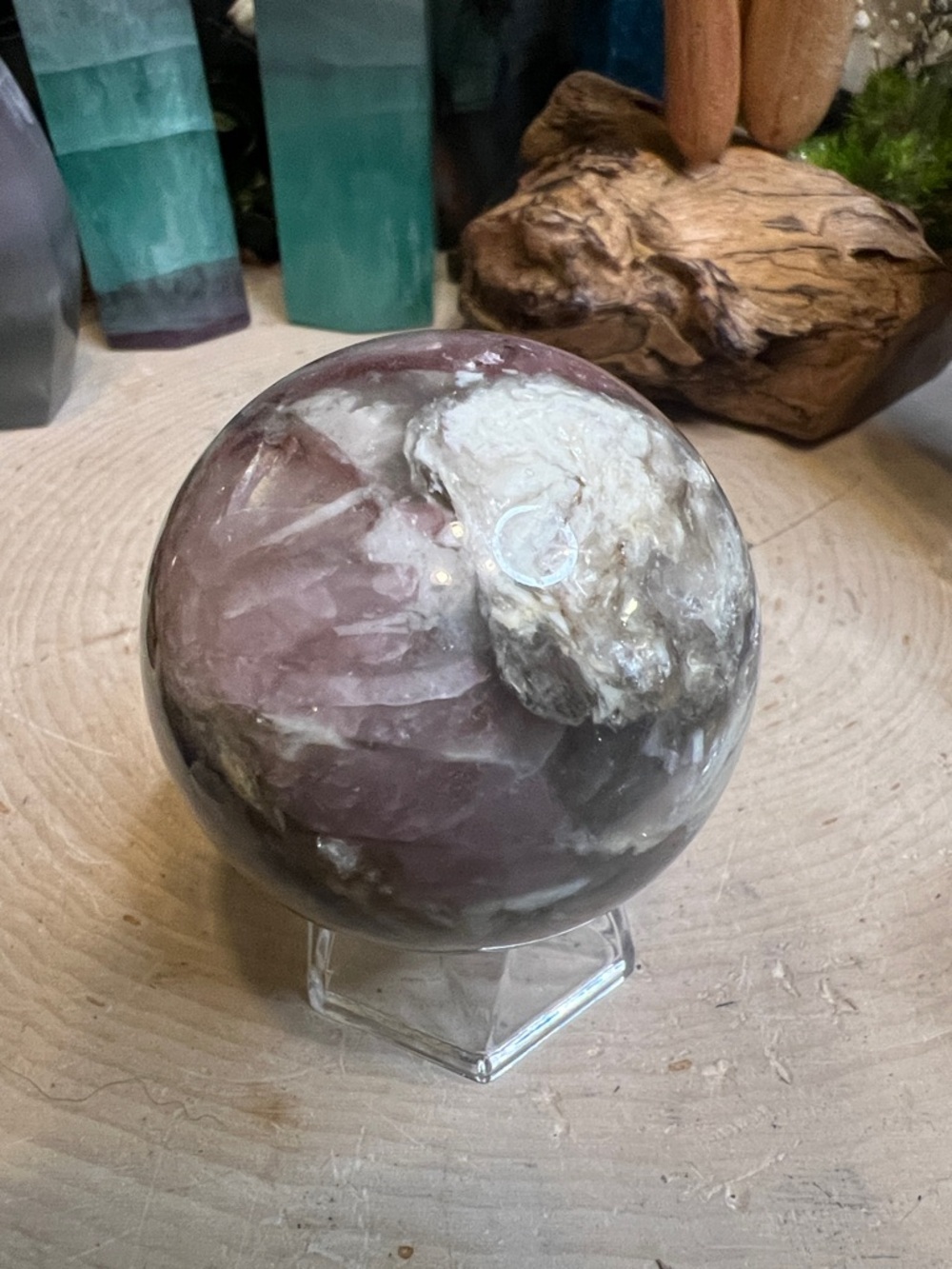 Pink tourmaline and smoky quartz sphere
